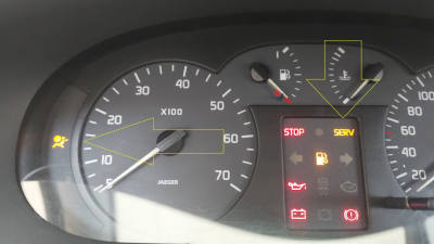 Instrumententafel des Renault Megane 1 mit den leuchtenden Lampen